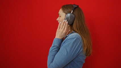 Obraz premium Young woman wearing headphones smiles isolated against vibrant red background, showcasing modern lifestyle and technology enjoyment.