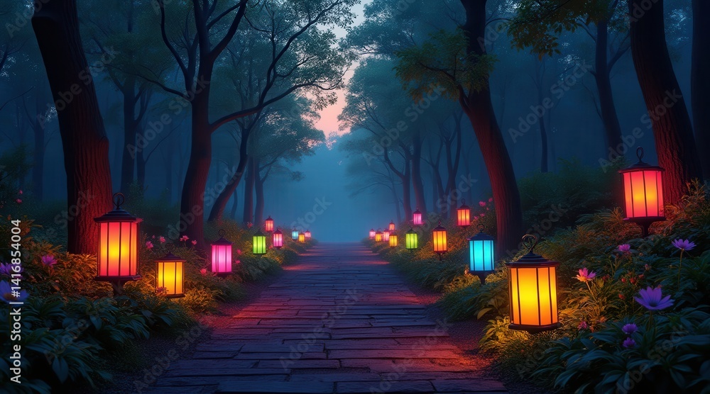 Poster Magical path illuminated by colorful lanterns in a serene forest.