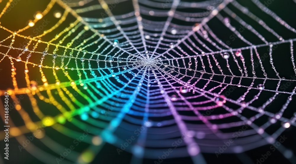 Poster delicate spider web adorned with colorful water droplets.