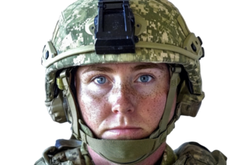 a close-up of someone wearing a military combat helmet with digital camouflage pattern and tactical attachments.