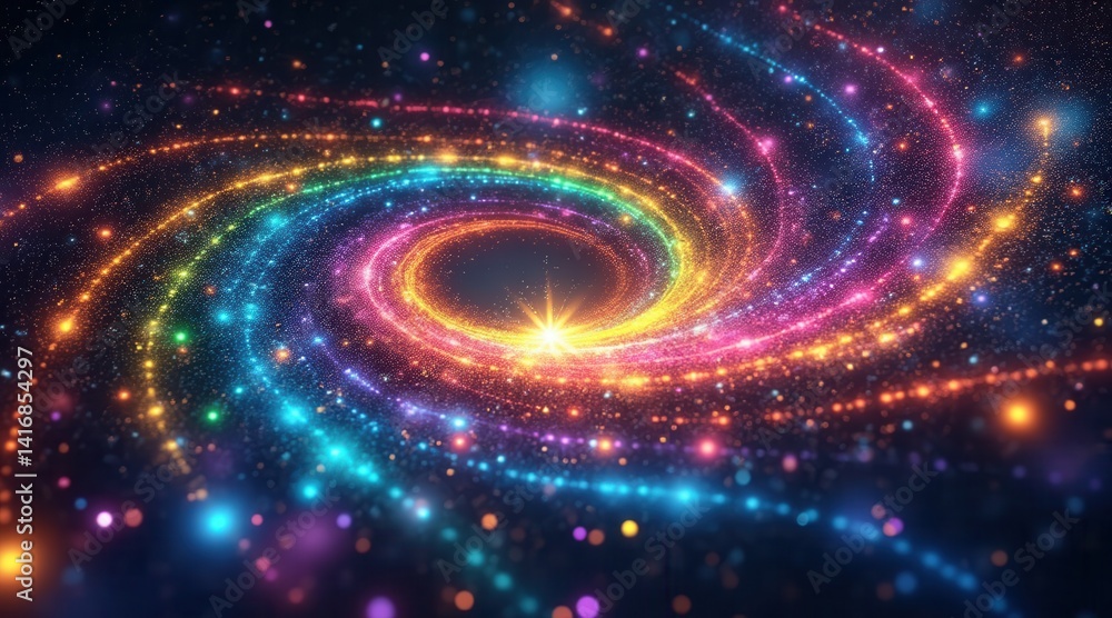 Poster cosmic swirl of colors and lights in a starry background.