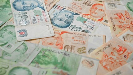 Various singapore dollar banknotes are scattered, showcasing the vibrant design and currency denominations.