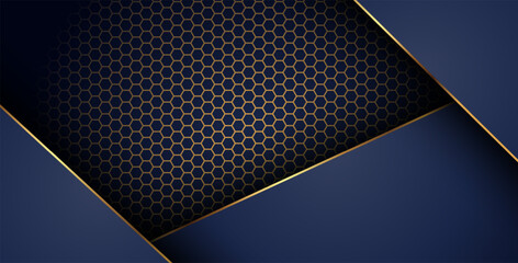 luxurious dark navy gold line overlap background with hexagon mesh pattern combination. elegant modern technology futuristic background. eps10 vector