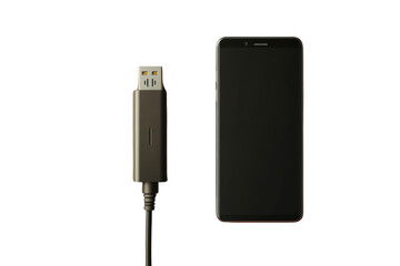 Black smartphone with USB charging cable on transparent background for technology and device concepts