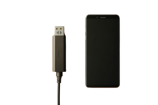 Black smartphone with USB charging cable on transparent background for technology and device concepts