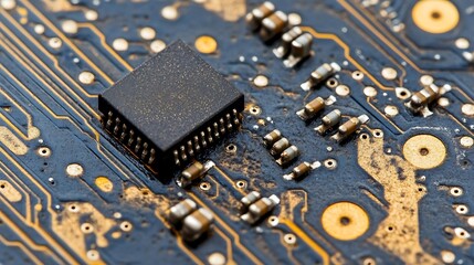Close-up view of a microchip mounted on a circuit board.