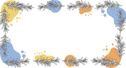 Fototapeta premium Delicate floral border with black leaf branches and pastel blue orange yellow abstract shapes minimal design vector illustration