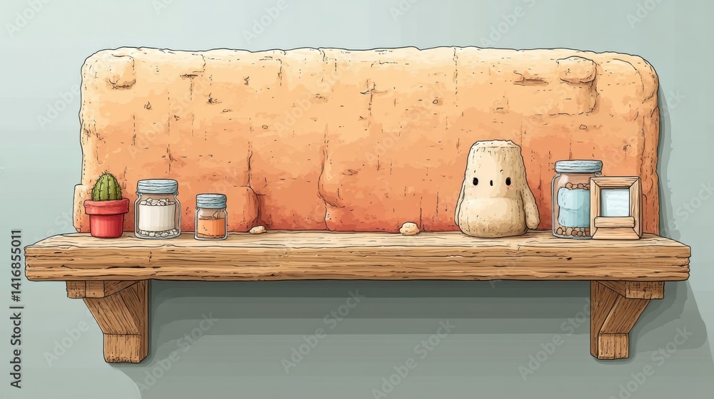 Poster rustic wooden shelf display of textured items.
