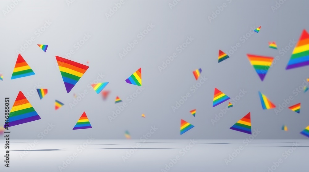 Poster Colorful triangles with rainbow patterns on a gray background.