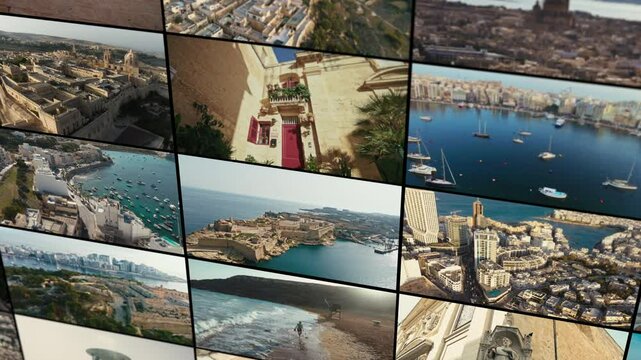 Iconic Locations of Malta from Above captured in a cinematic collage of Maltas architecture, coastlines and heritage. A dynamic visual journey through iconic landscapes and cities.