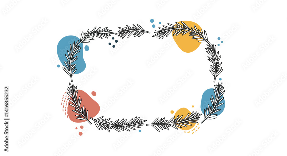 Poster delicate botanical wreath with hand-drawn branches and colorful abstract shapes in minimal flat styl