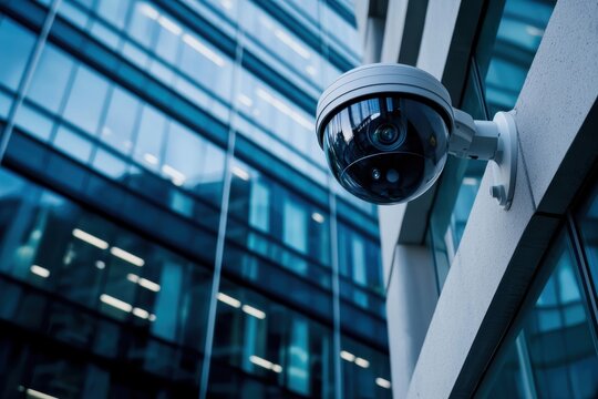 Surveillance camera attached to modern building wall, angled upwards