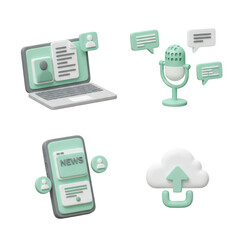 Digital Communication Icons Featuring Laptop Microphone and Cloud Download on Transparent Background