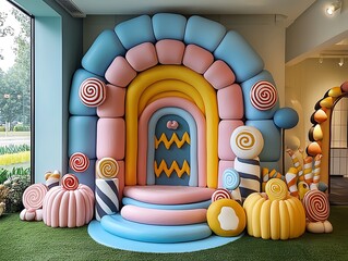 Colorful candy-themed display for a playful event.
