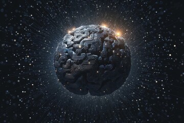 A futuristic digital brain made of circuits and lights, set against a dark, starry background.