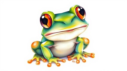 Fototapeta premium Niedlicher Frosch im bunten, aquarellartigen Stil auf weißem Hintergrund – perfekt für Kinderbuch, Sticker oder Poster.