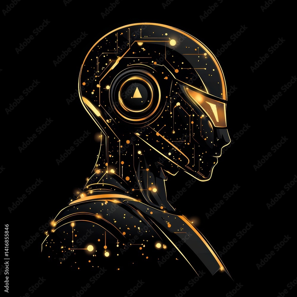 Aufkleber futuristic android profile with golden circuitry and geometric design on black background