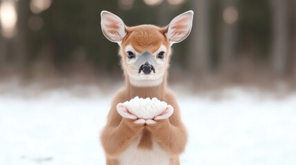 Fawn holding a snow ball in winter