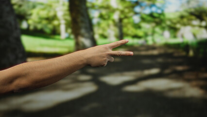 Man's hand making peace sign in lush green park, sunlit garden backdrop creating serene outdoor environment with blurred trees and soft natural light.