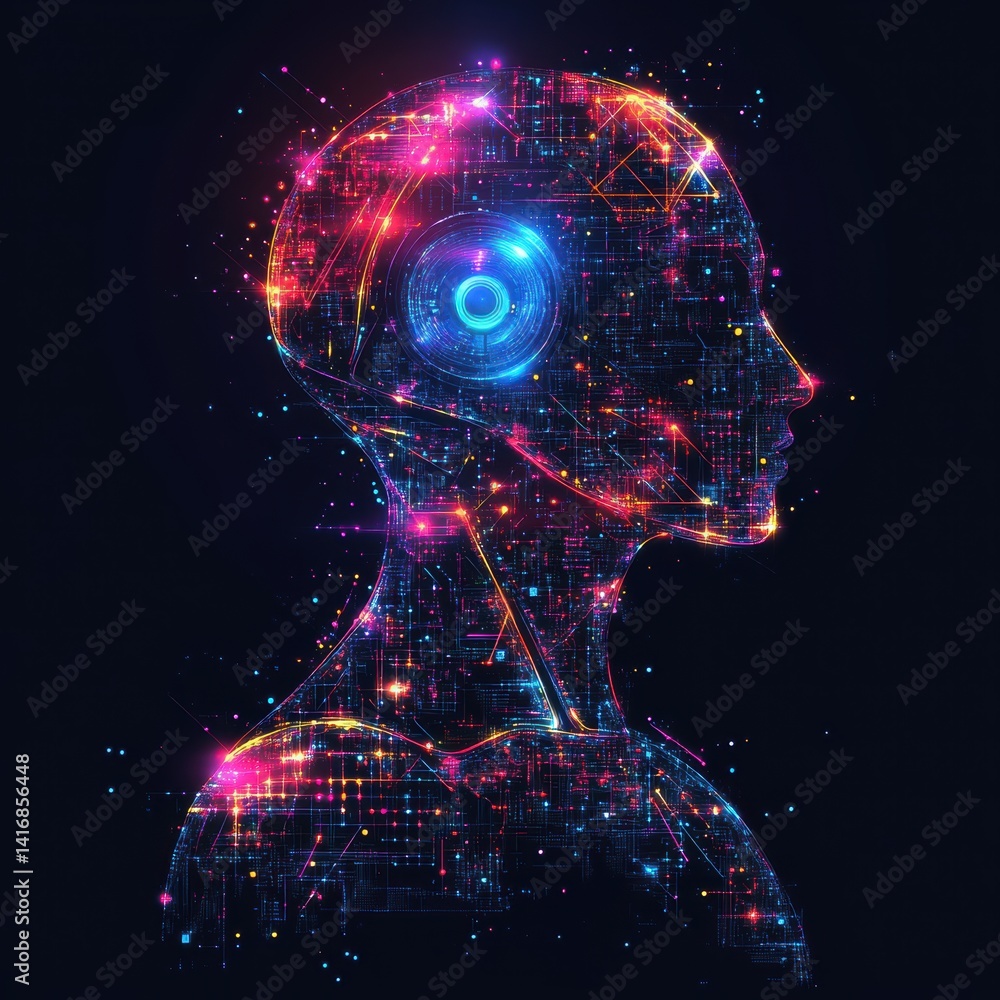 Poster futuristic ai head with glowing digital circuitry, abstract data networks, cybernetic humanoid and a