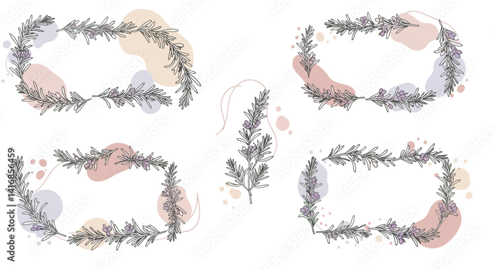 Poster delicate floral wreaths with soft abstract shapes in minimal pastel color scheme flat vector illustr