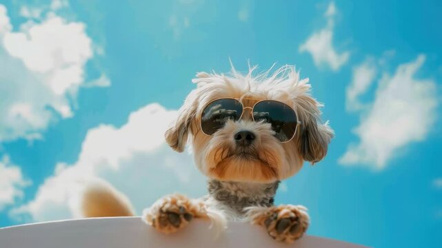 a dog in black glasses. Selective focus