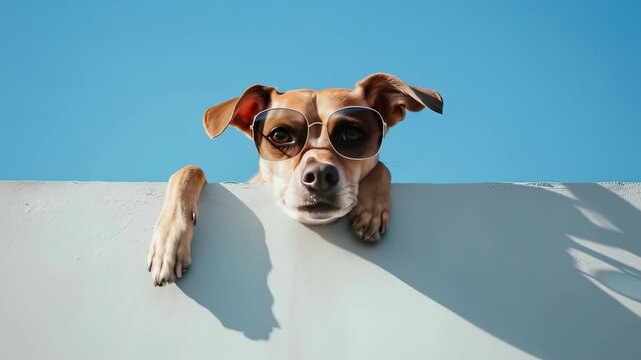 a dog in black glasses. Selective focus