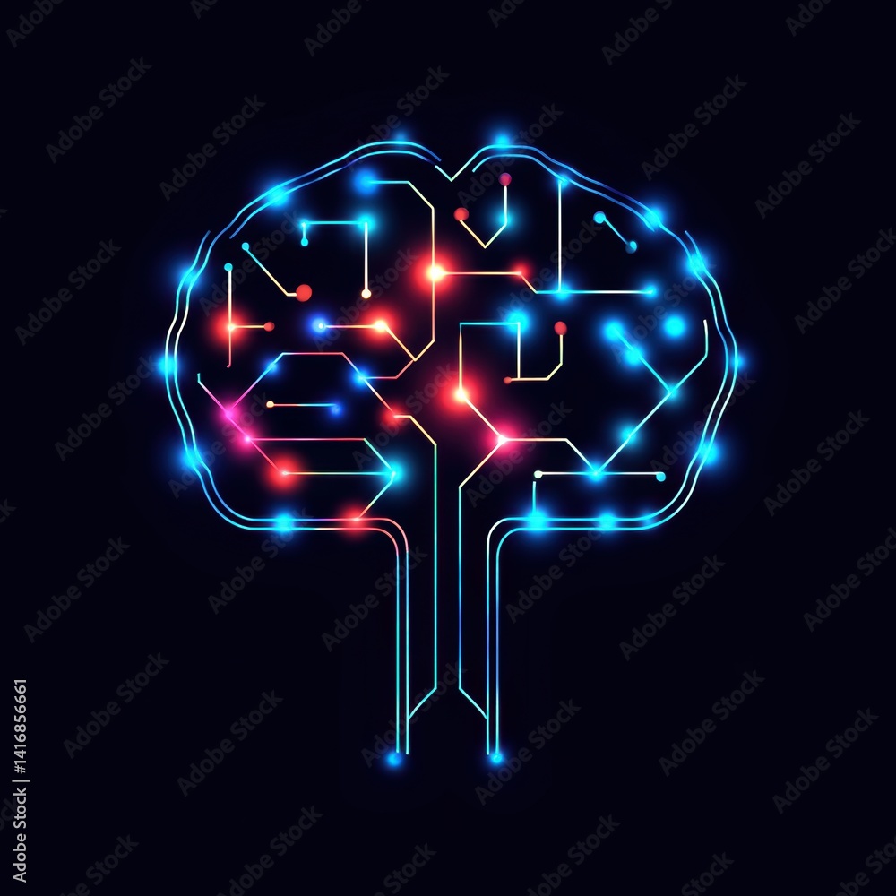 Poster brain-shaped circuit board with glowing nodes and lines on dark backdrop