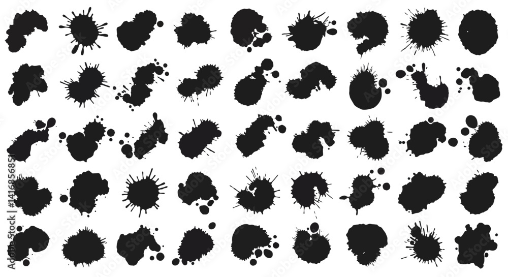 Poster collection of black ink splatter shapes in minimal flat design with diverse irregular patterns and o