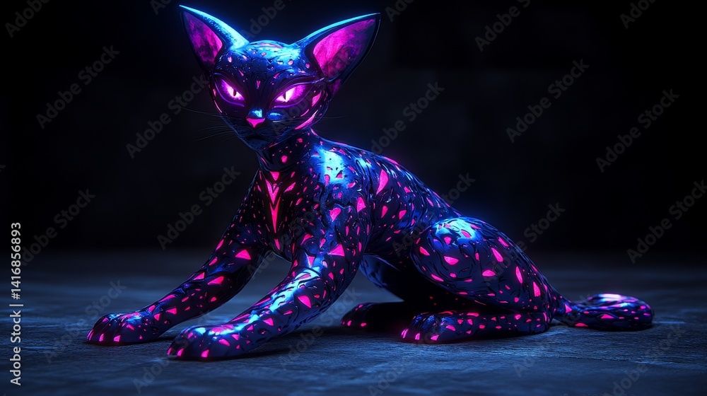 Poster abstract feline entity glowing with luminescent particles in dark space evokes digital art and futur