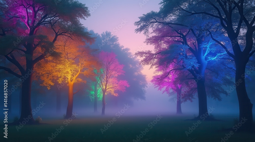 Poster Enchanted forest with colorful trees and misty backdrop at twilight.