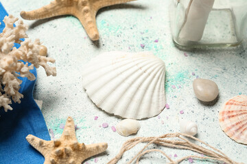 Sea shells with starfishes on grunge background, closeup