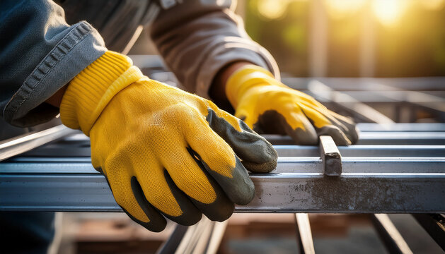 Close-up of female construction worker's hands wearing bright yellow gloves skillfully arranging an iron frame
