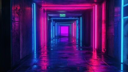 Fototapeta premium Neon-lit corridor, futuristic building, reflective floor, vibrant colors, background use