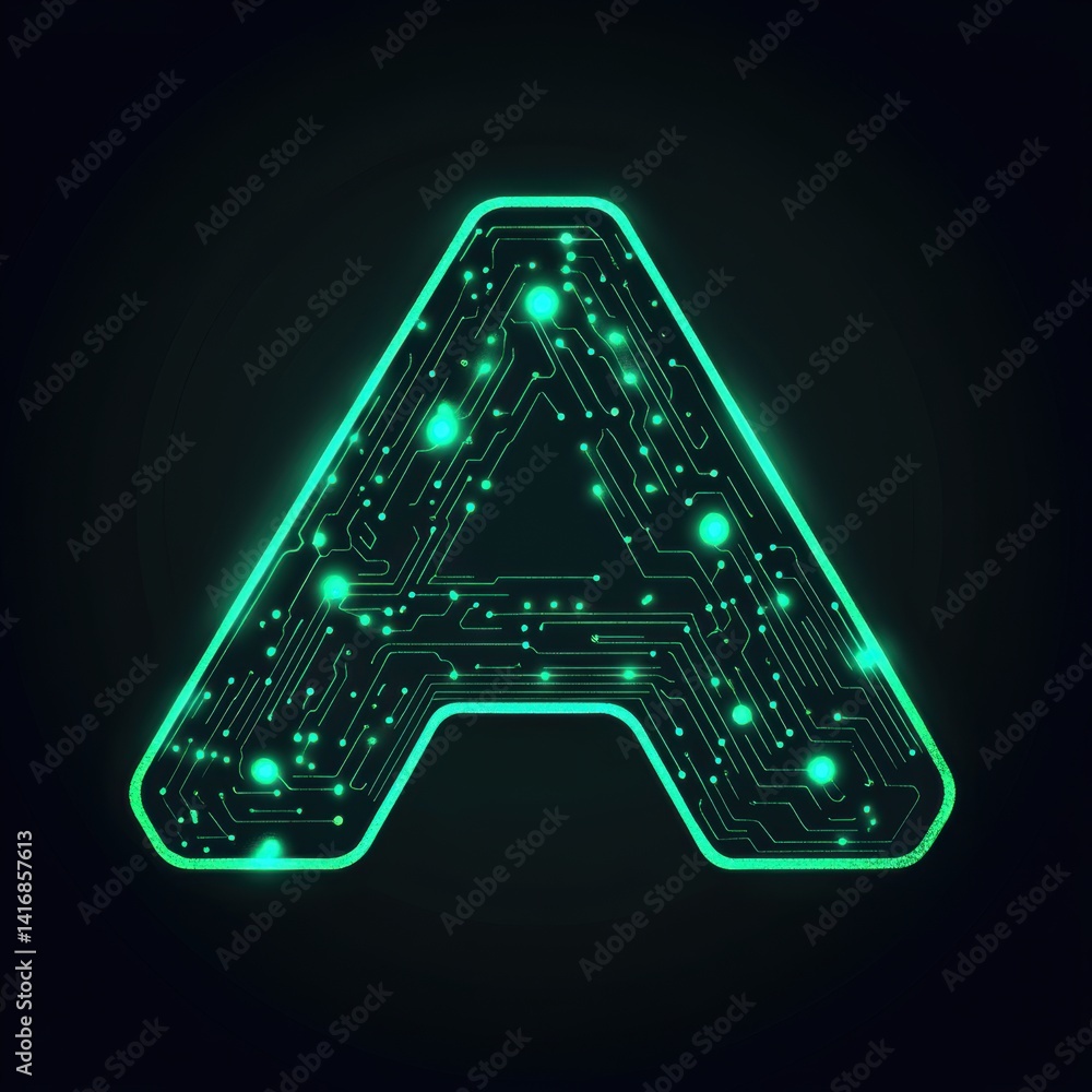 Poster futuristic letter a design with glowing circuit board pattern on dark background for technology and 
