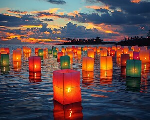 Colorful floating lanterns on water at sunset.