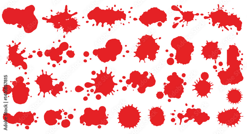 Poster red paint splatters collection in flat design style with various shapes and sizes for creative artis