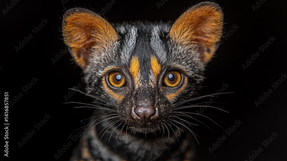 Poster civet portrait in the dark with striking patterns and soft lighting showcasing its unique facial cha