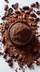 Dark, rich cocoa powder nestled in a small bowl, surrounded by cacao beans.
