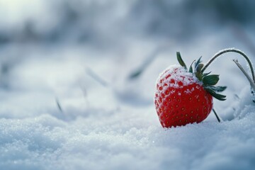 Fresh strawberry frosted with snow in winter landscape