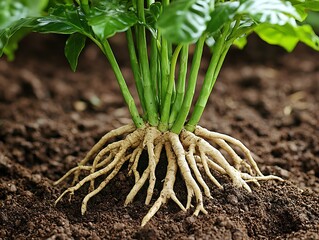 Close-up of a coffee plant's roots and stems.