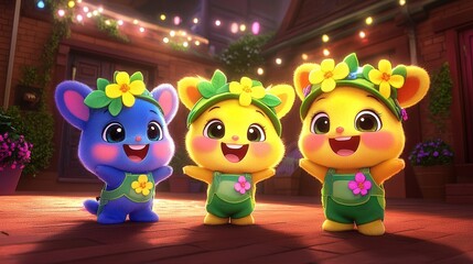 Obraz premium Enchanting Animated Triumvirate Adorned with Floral Finery, Emanating Playful Joy in a Nostalgic Pixelated Ambiance Captivating Imaginative Storytelling