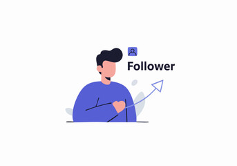 A blue stylized illustration depicts a man with dark hair gaining followers. Simple, modern design ideal for social media, marketing, or growth concepts.