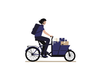 Obraz premium A delivery cyclist rides a cargo bike loaded with packages. Modern vector illustration, ideal for concepts of delivery, logistics, and urban transport.