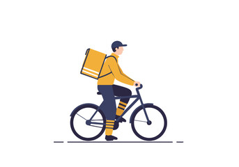 Fototapeta premium Delivery cyclist rides a bicycle, carrying a yellow package. Flat vector illustration, ideal for food delivery, courier services, or urban lifestyle concepts.