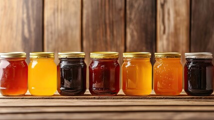 Assorted canned fruit in syrup lined up on a wooden counter