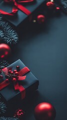 Moody, dark teal background with a navy gift box tied with a red ribbon and scattered red ornaments, evoking a festive, wintry mood