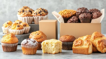 Branded pastry boxes on counter beside assorted muffins and bread