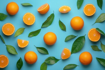 Obraz premium Fresh oranges and green leaves on a vibrant blue background