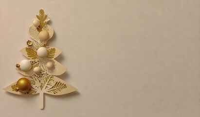 A minimalist paper-cut Christmas tree with gold and beige ornaments on a light background